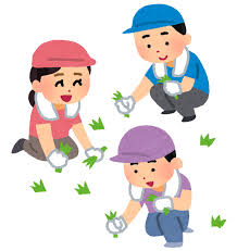 3人の大人が草取りしている風景の手書きの絵。