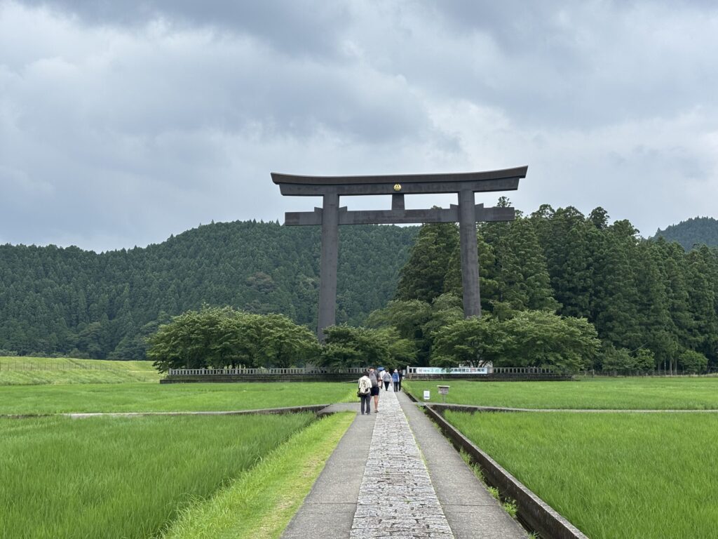 大斎原(おおゆのはら)(熊野本宮大社旧社地)の画像。緑の水田の中に立つ大鳥居。