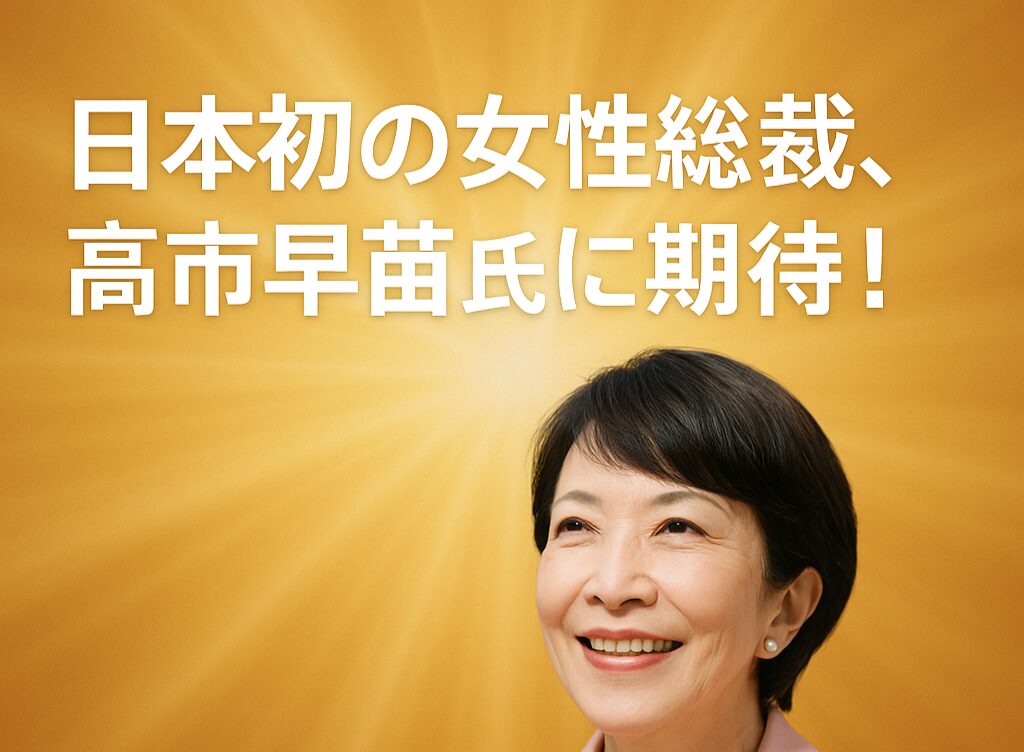 日本初の女性総裁、高市早苗氏に期待！の文字に、女性の顔が載っている画像