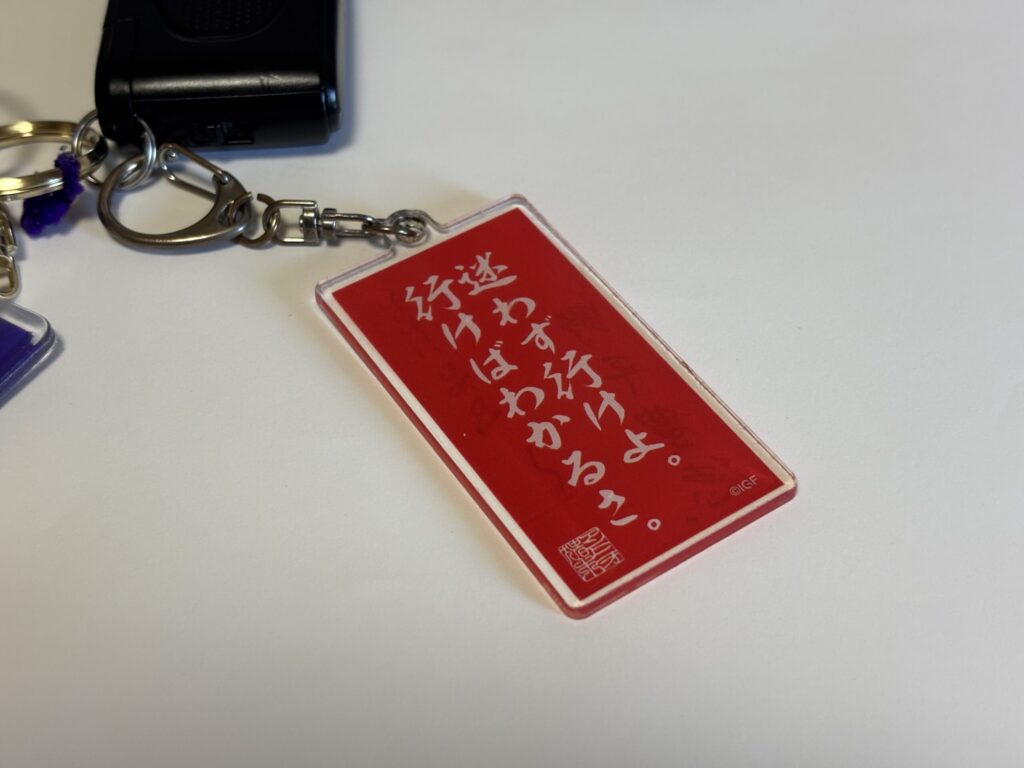 赤色のバックに白い文字で「迷わず行けよ。行けばわかるさ。」と書かれたキーホルダーの写真