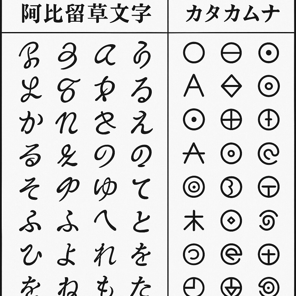 カタカムナと阿比留草文字の比較をした表
