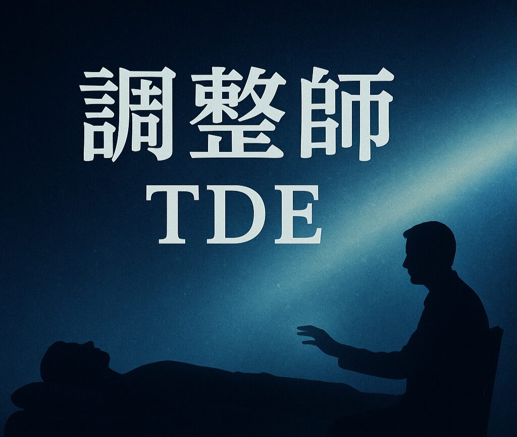 調整師：TEDの文字、背景に寝た人を施術する画像