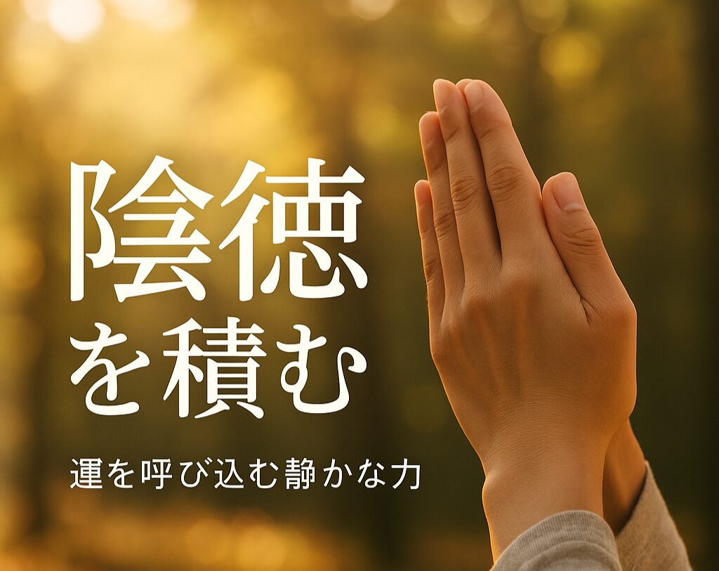 大文字で「陰徳を積む」の背景に合掌の画像