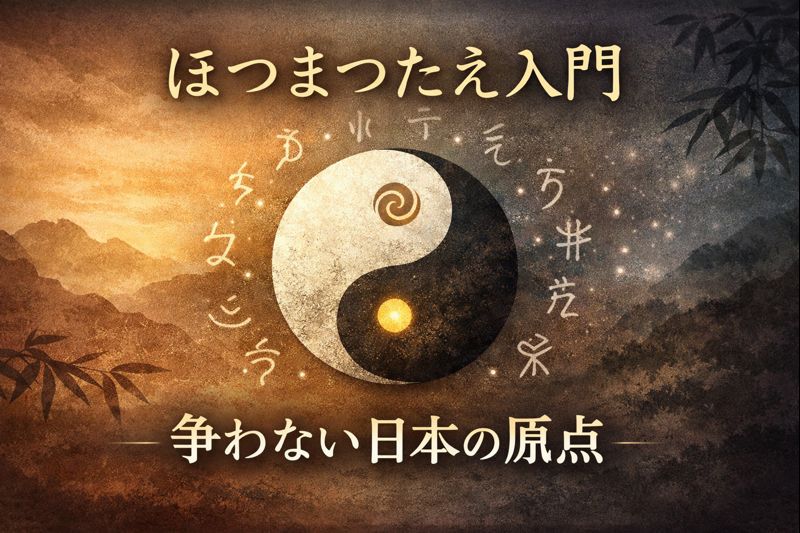 ほつまつたえ入門、争わない日本の原点の文字に陰陽太極図が描かれている画像