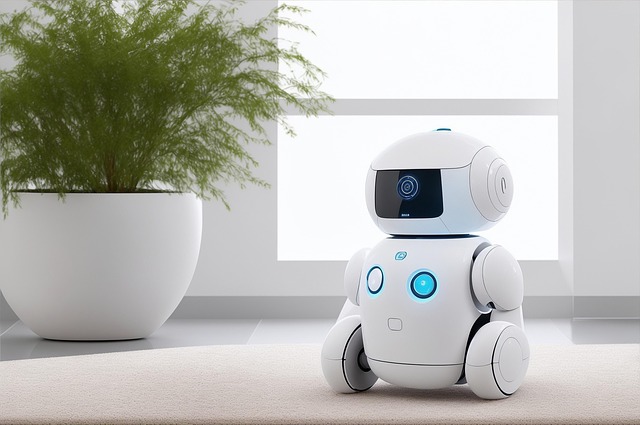 部屋の中にいる、ロボットと観葉植物の写真