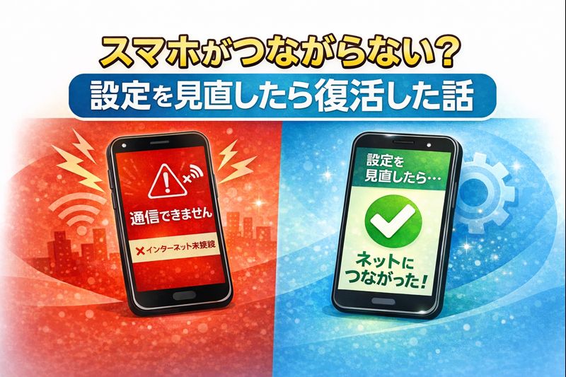 格安SIMのAPN設定を促す画像で、スマートフォンを左右に置いている