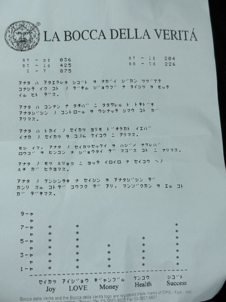 「真実の口」の占い結果の紙:カタカナで書かれている