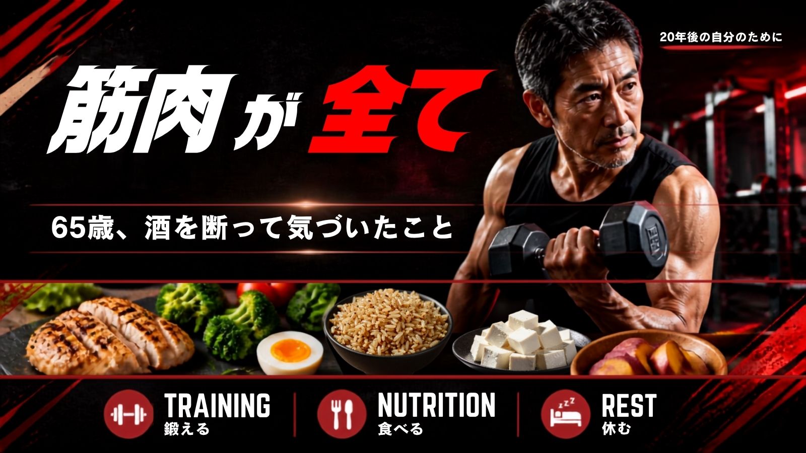 筋肉が全ての文字の横にダンベルで筋トレしている壮年男性、下部にはハンバーグ・玄米・豆腐などの画像