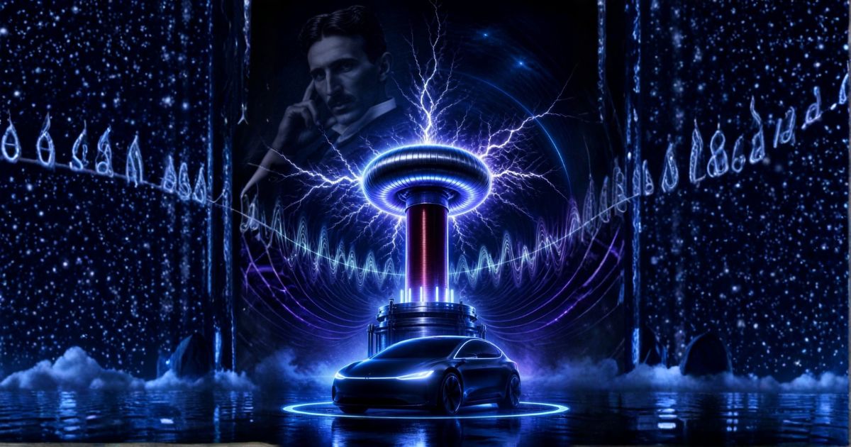 ニコラ・テスラの肖像画と電気自動車・シューマン共振をクロスさせた画像