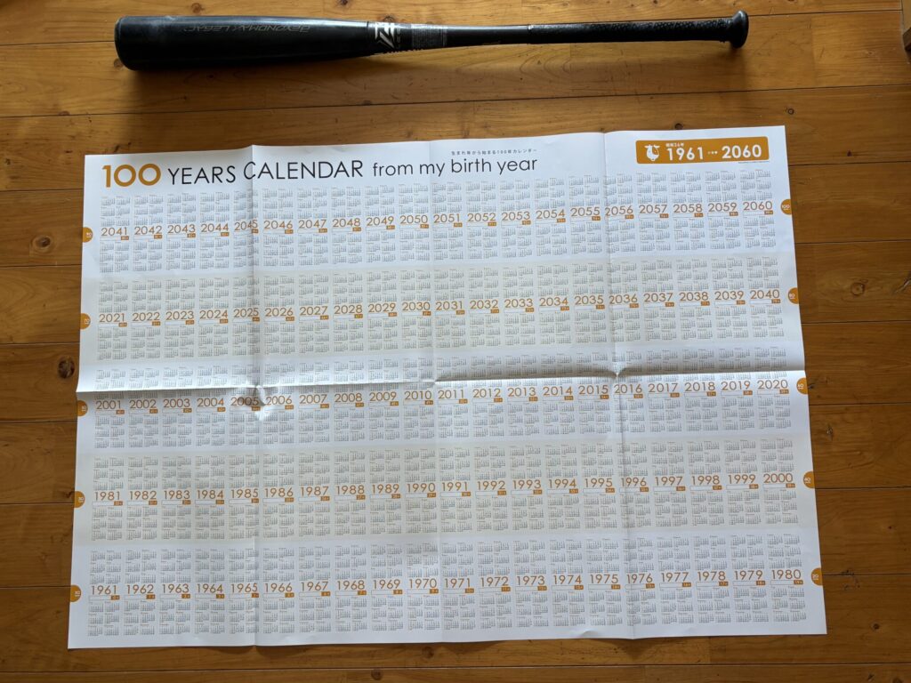 100年カレンダーを広げて、バットと比べている写真